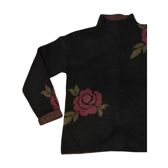 MB Women’s Medium Fuzzy Black Sweater Red Rose Floral Mockneck Pullover 20x23 - Picture 2 of 7